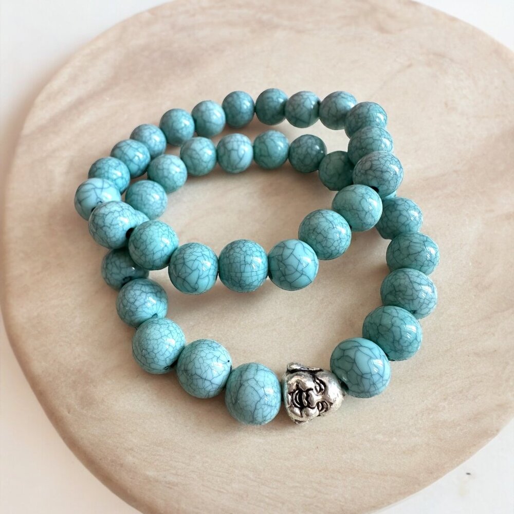 HANDMADE Faux Turquoise Silver Buddha Bracelet Set